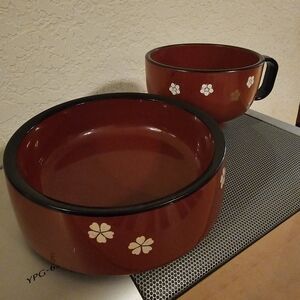Vintage Japanese Red Lacquerware Floral  Bowls - Set of 2